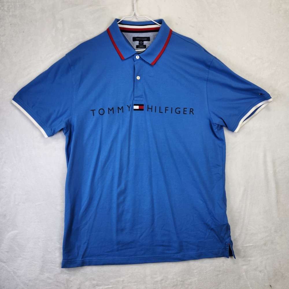 Tommy Hilfiger Mens‎ XXL Slim Fit Blue Logo Polo Shirt Red Tipped Collar